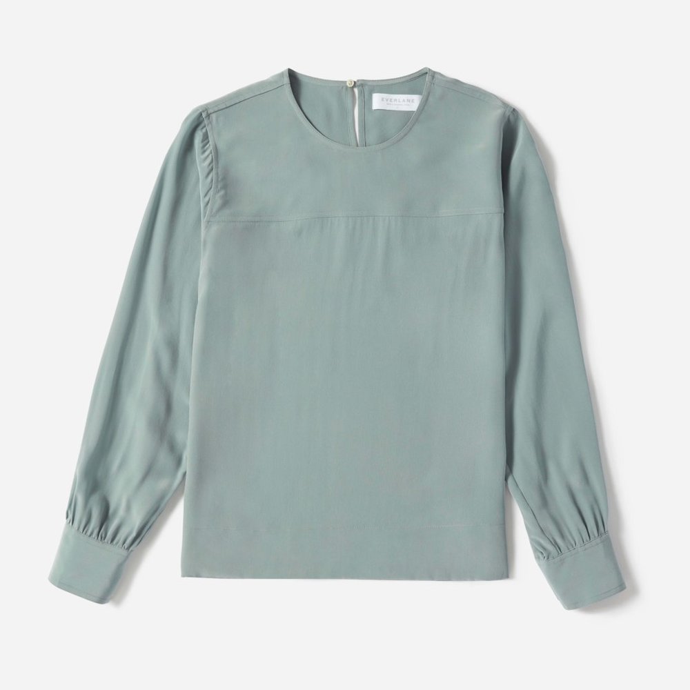 Everlane Silk Long-Sleeve Blouse in Sage
